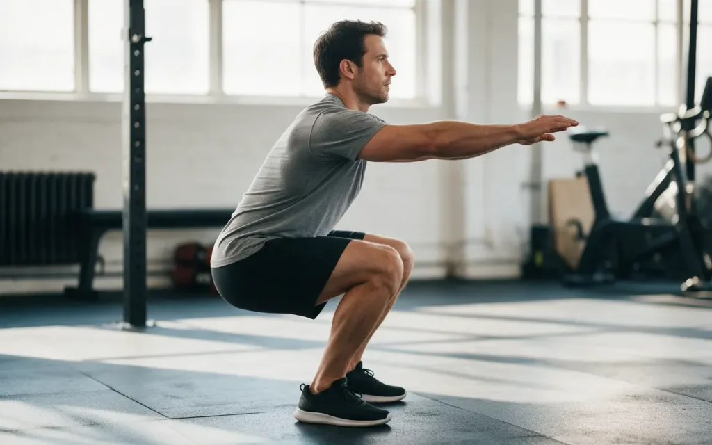 Man doet een air squat met armen naar voren en hielen op de grond