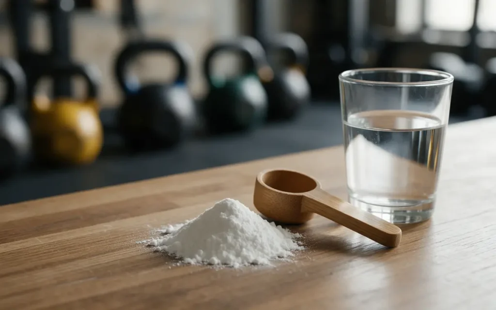 Wit beta-alanine poeder met een maatschepje en een glas water