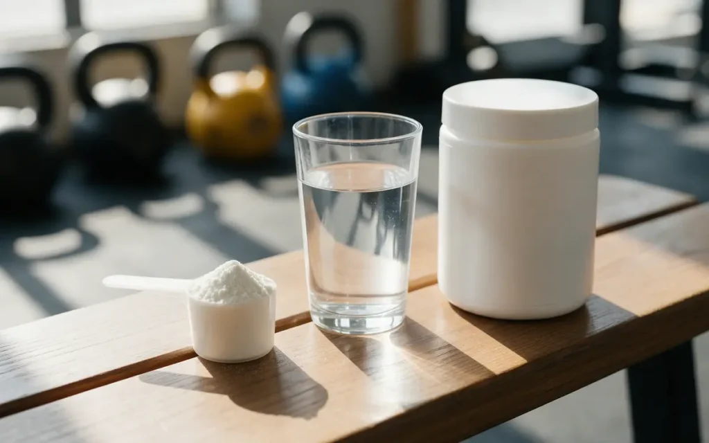 Schepje creatine poeder naast een glas water in een sportschool