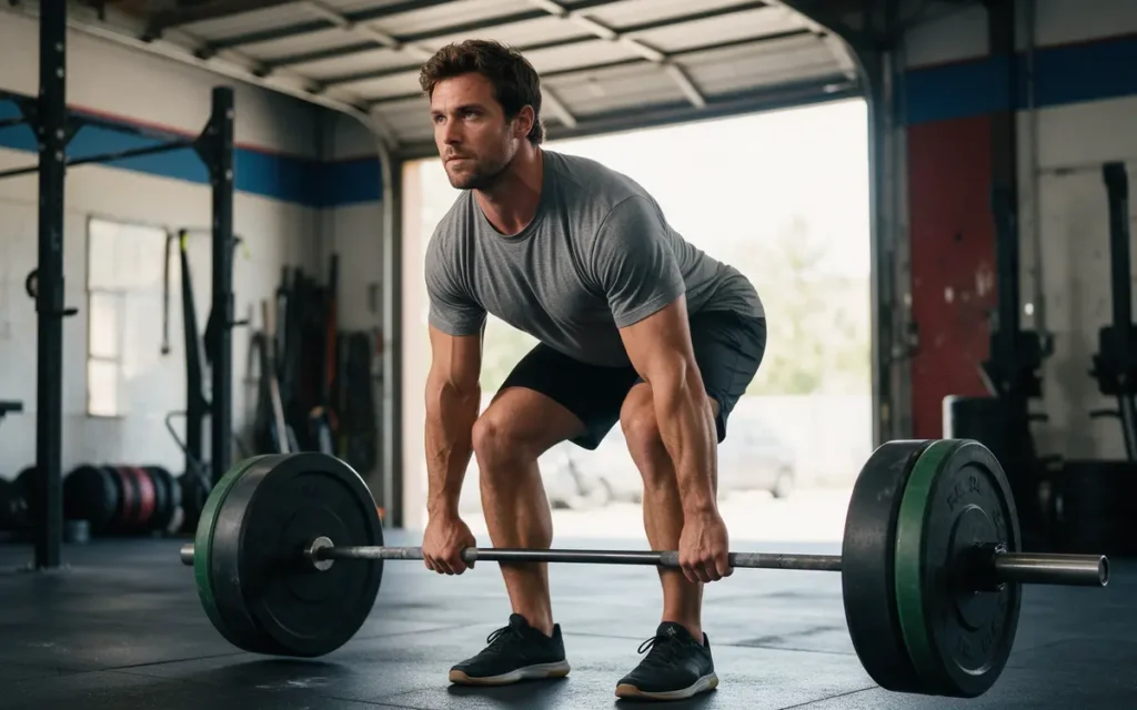 Sporter tilt een zware halterstang, een inspanning waarbij creatine kan helpen