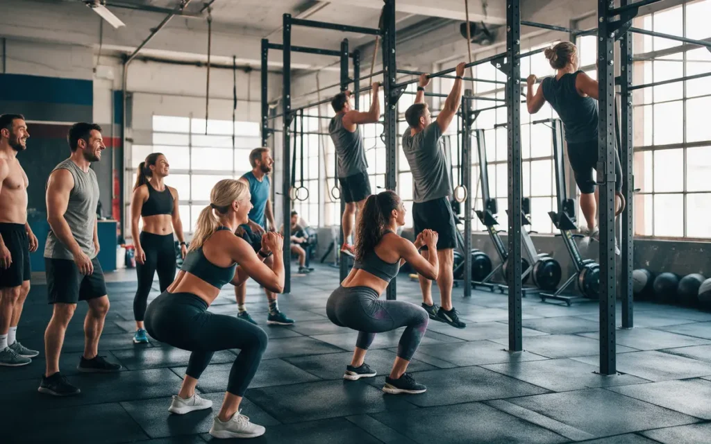 Groepsles CrossFit met mannen en vrouwen die air squats doen in een lichte box met rig
