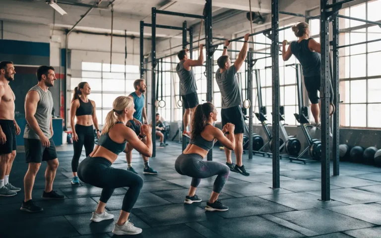 Groepsles CrossFit met mannen en vrouwen die air squats doen in een lichte box met rig