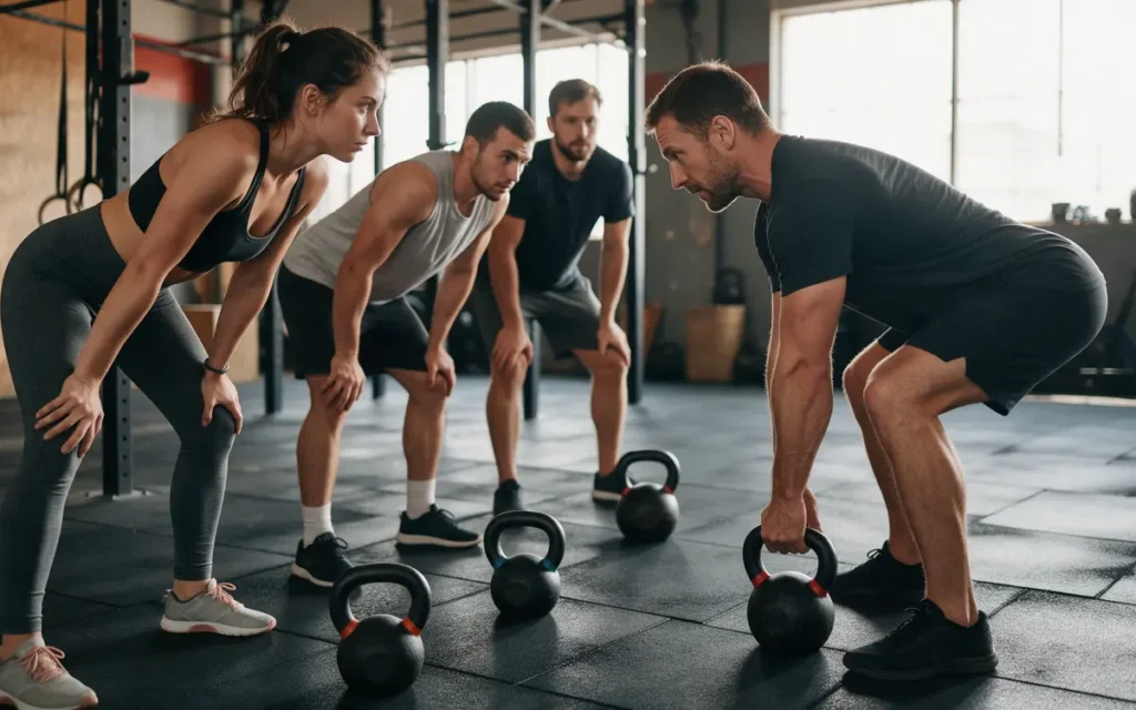 Coach legt beginners de startpositie van een kettlebell deadlift uit tijdens een CrossFit training