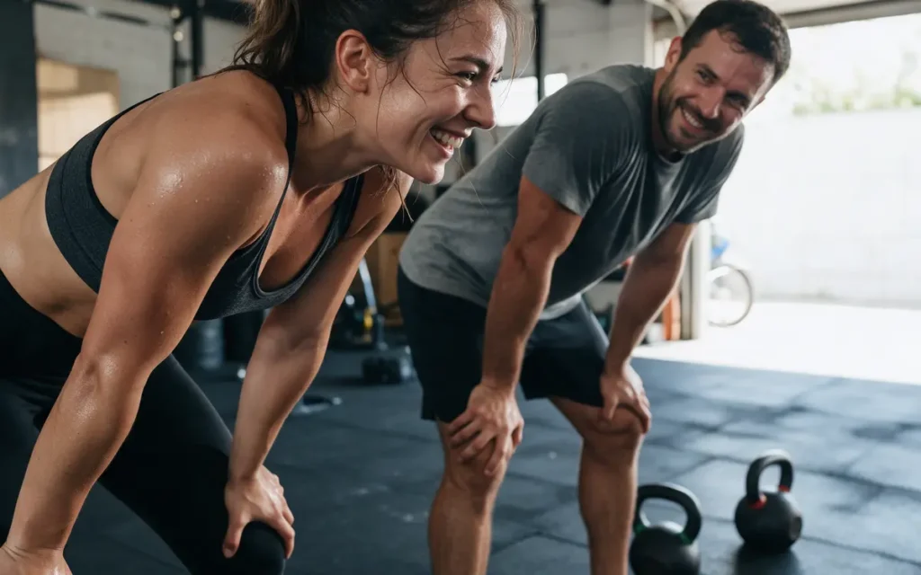 Twee sporters op adem na een zware crossfit wod met kettlebells
