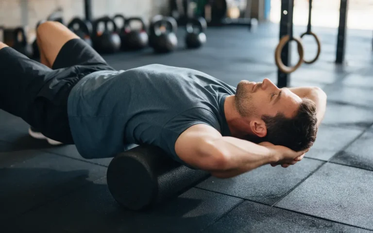 Sporter gebruikt een foam roller onder de bovenrug in een CrossFit-box