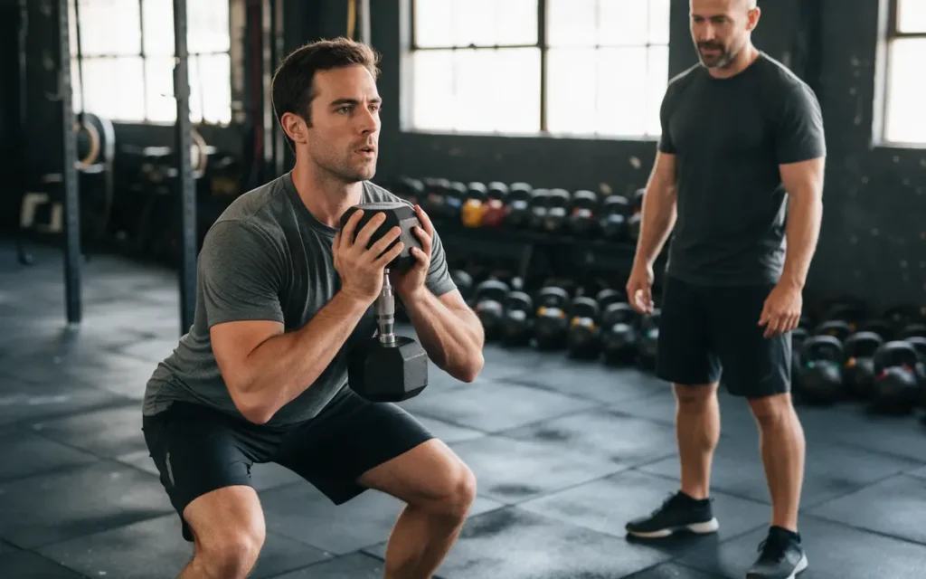 Coach begeleidt een sporter bij de goblet squat met een dumbbell