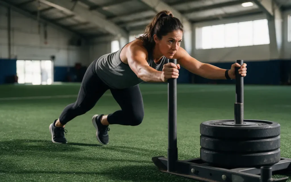 Vrouw duwt een verzwaarde slee tijdens de sled push, een van de hyrox onderdelen