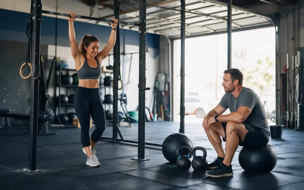 Vrouw hangt aan de pull-up rig en man rust op een medicine ball in een CrossFit-box, een verschil tussen Hyrox en CrossFit