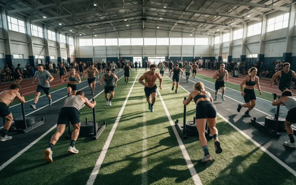 Hyrox vs CrossFit: sporters duwen een sled over een kunstgrasbaan tijdens een fitnessrace