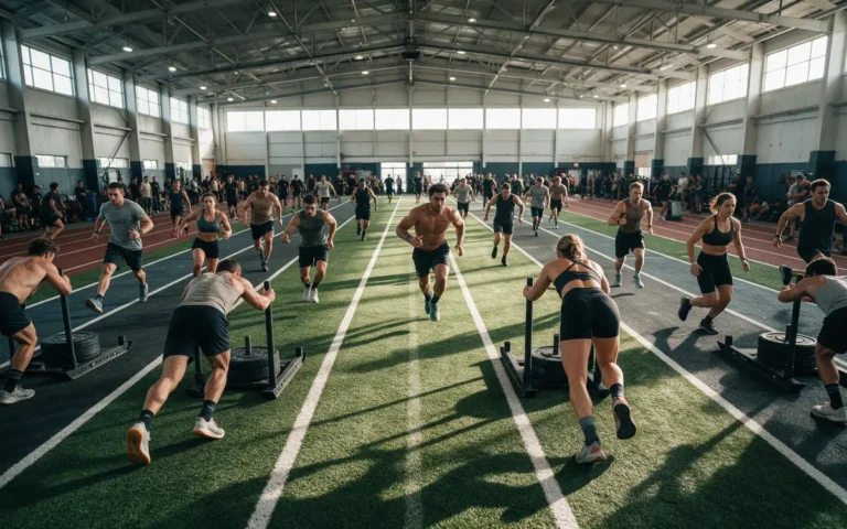 Hyrox vs CrossFit: sporters duwen een sled over een kunstgrasbaan tijdens een fitnessrace