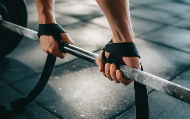 Handen met zwarte lifting straps om een halterstang in de startpositie van een deadlift