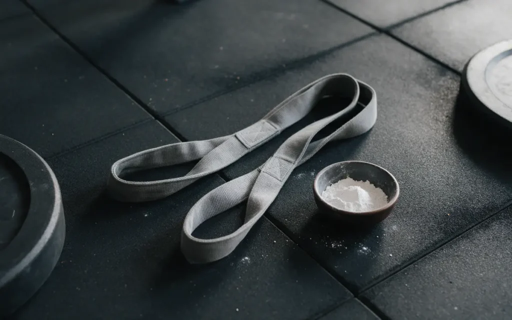 Grijze katoenen lifting straps op de gymvloer naast een bakje krijt en halterschijven