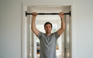Man pakt een zwarte pull up bar in de deurpost van een lichte gang thuis vast