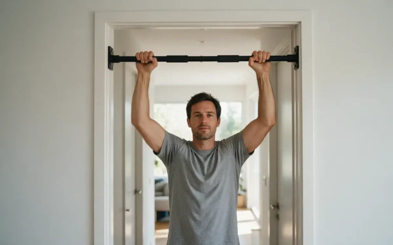 Man pakt een zwarte pull up bar in de deurpost van een lichte gang thuis vast