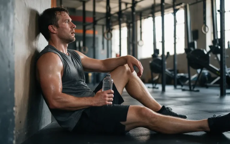 Uitgeputte sporter zit tegen de muur van een CrossFit-box met een waterfles na een zware training, rhabdomyolyse voorkomen