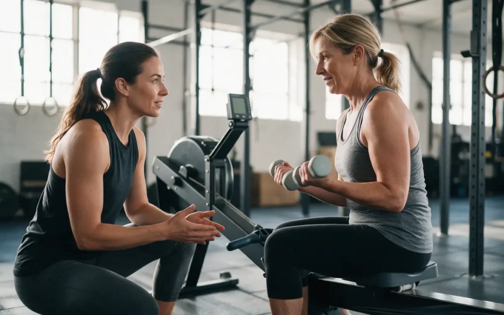 Coach bespreekt met een beginnende sporter hoe ze rustig opbouwt om rhabdomyolyse te voorkomen