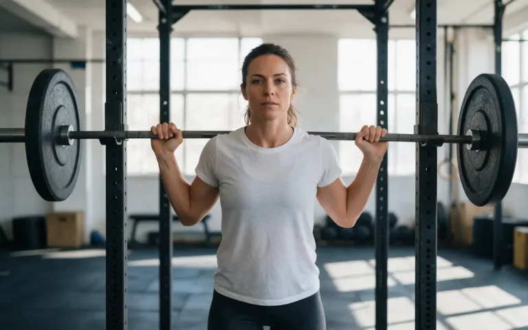 Sporter staat in een squat rack met de halterstang op schouderhoogte, klaar voor de squat