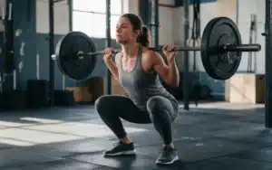 Vrouw zit diep in een back squat met de halterstang op haar bovenrug in een CrossFit-box