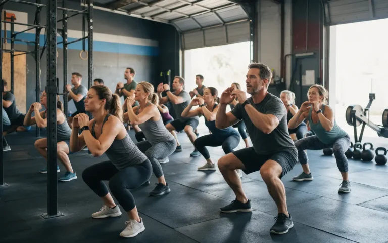 Groep sporters doet samen een wod met air squats in een CrossFit-box